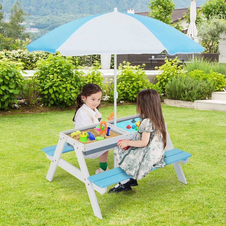 3-In-1 Kids Outdoor Picnic Water Sand Table With Umbrella Play Boxes - Blue - View 1