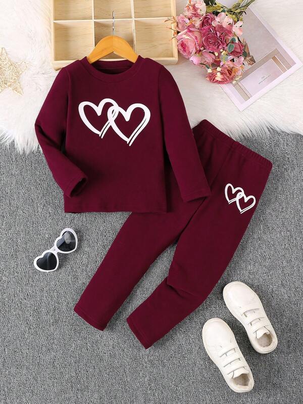 Girls Heart Printed Casual Long Sleeve Top And Pants Set, Spring/Autumn