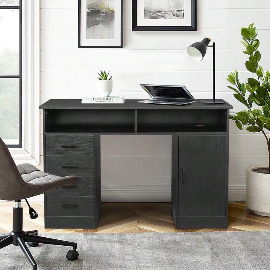 White Desk With Drawers And Storage, Home Office Desk Computer Desk With 4 Drawers & Hutch, Home Desk Small White Desk With Drawers For Bedroom, Home Office, Black - 黑色 - 查看 1