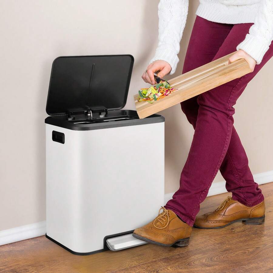 8 Gallon Kitchen Trash Can, Hands-Free Recycle Trash Can With Dual Removable Liners, Stainless Steel Dual Kitchen Step Trash Can (4 + 4 For 8 Gallon Total), Rectangle - White - View 1