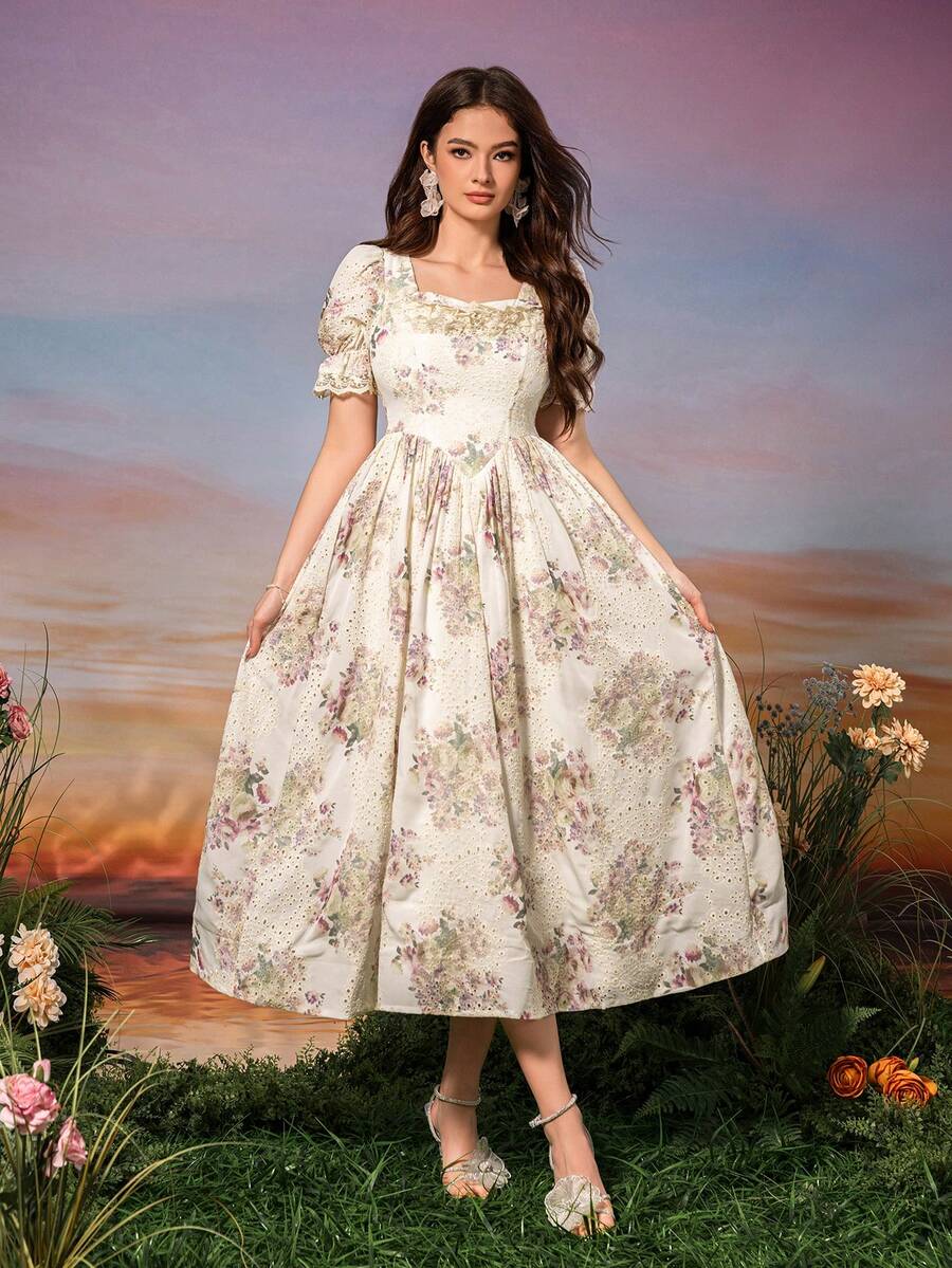 SUPGIR Blommönster Puffärm Frill Trim Klänning Festklänning Gästklänning Bröllop Balklänning - Mauve Lila - Visa 1