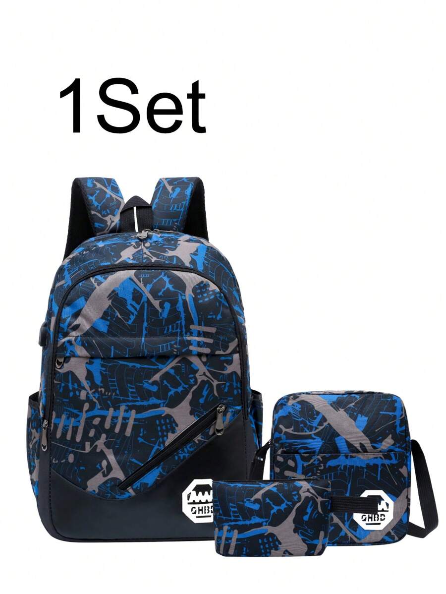 1套撞色混搭时尚背包三件套学生背包大容量拉链简约背包小学生背包男中学生高中生大容量背包时尚休闲校园背包男生背包旅行背包出差旅游度假户外运动男友礼物购物返校季必备 - 藍色 - 查看 1