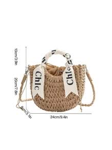 1個時尚女士手提包，斜跨包，肩包，編織包，沙灘包，耐刮花材質，適合購物，約會，派對，通勤使用，搭配精美字母絲巾裝飾，優雅，簡約，休閒的女士手提包，尺寸為9.4英寸 X 7.8英寸 X 3.1英寸