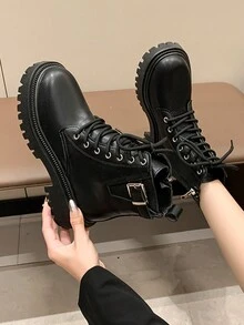 女款中筒和踝加大尺寸靴子，秋冬新英格蘭風格加厚保暖時尚厚底摩托車靴，雪地靴和踝靴 - 黑色 - 查看 5