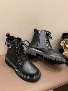 女款中筒和踝加大尺寸靴子，秋冬新英格蘭風格加厚保暖時尚厚底摩托車靴，雪地靴和踝靴 - 黑色 - 查看 7