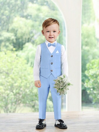 4pcs Young Boy Gentleman Suit Set - White Shirt, Vest, Bow Tie, Pants, Casual & Stylish Fit, Suitable For Birthday Party, New Year's Eve, Wedding, Holiday, Back To School