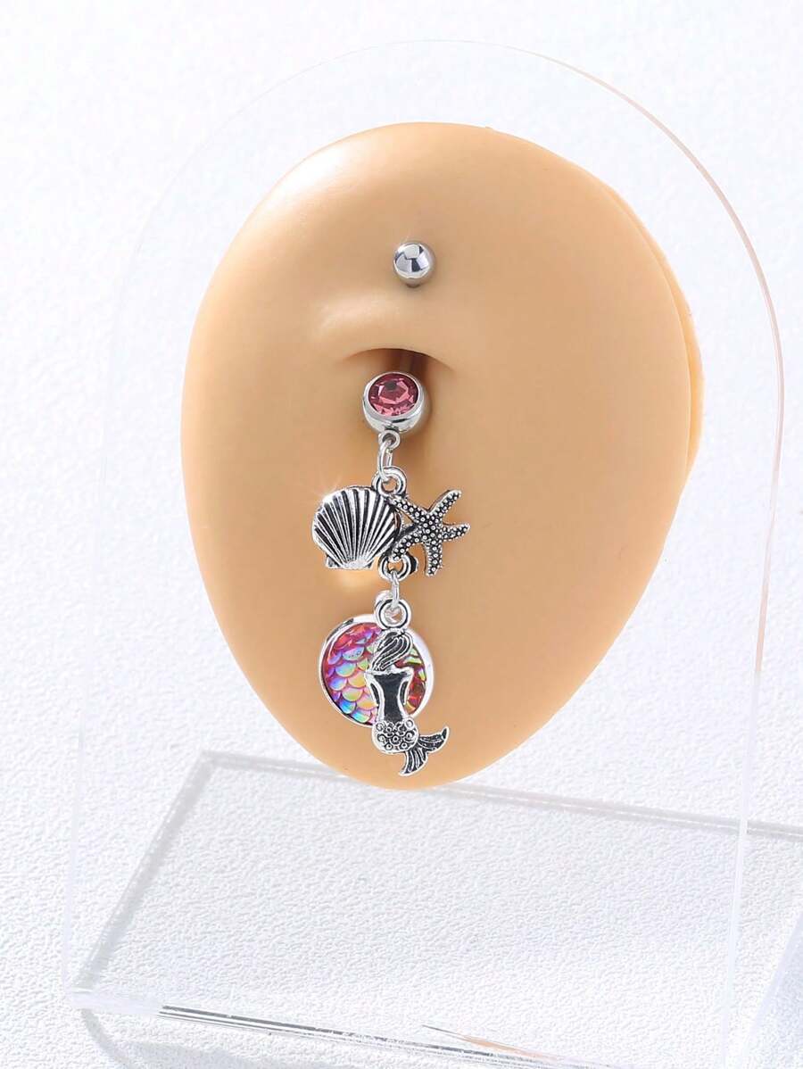 Pink Mermaid Scale Stud With Rhinestone, Starfish, And Seashell Design Belly Button Ring - 1pc - Silver - View 1
