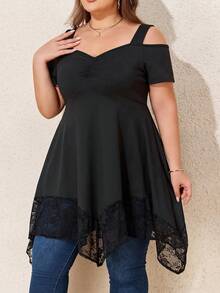 Top casual à bretelles larges, manches courtes avec ourlet asymétrique, grande taille - Noir - Voir 3