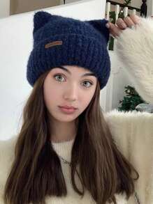 1pc Women Winter Knit Beanie Hat, Cute Cat Ear Design Thick Warm Rolled Cuff Ski Cap For Daily Wear - View 3