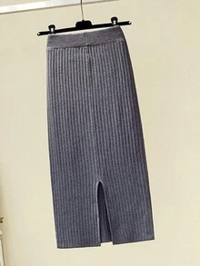 Women's Knitted A-Line Slit Skirt Straight Midi Skirt Hip Covering Skirt/SSJ202 - 灰色 - 查看 5