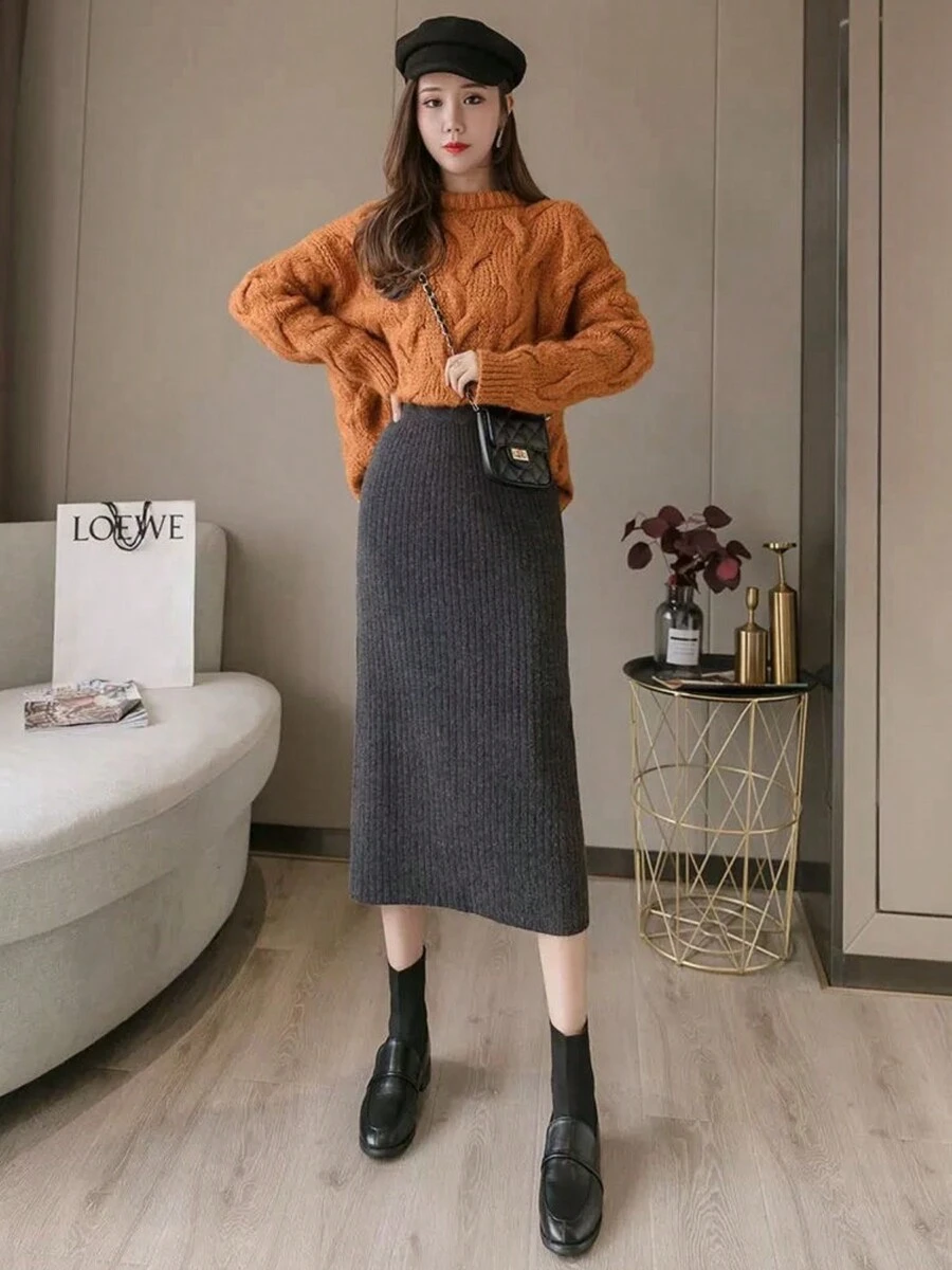 Women's Knitted A-Line Slit Skirt Straight Midi Skirt Hip Covering Skirt/SSJ202 - 灰色 - 查看 1