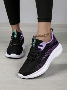 女士紫色针织运动鞋，厚底网球鞋，适合日常休闲、健身、锻炼、跑步 - 彩色 - 查看 9