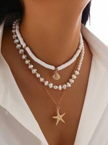软粘土串珠海星和贝壳吊坠项链，时尚优雅的度假风格女士颈链 - 項鍊 - 查看 2