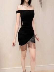 Off Shoulder Fringed Elegant Sexy Solid Color Cocktail Party Dress, Spring/Summer - Black - View 3