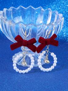 1对新款红色植绒珍珠吊坠耳环，配蝴蝶结和流苏，优雅女士耳环 - 彩色 - 查看 3