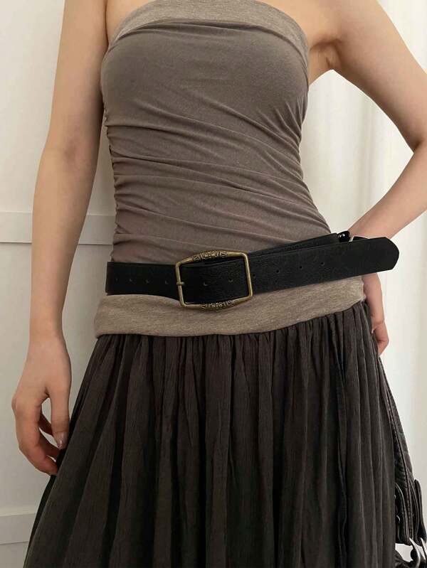 1pc Women's Black PU Leather Belt, Retro  Pattern Print, Fashionable & Versatile Accessory