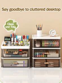 1 件桌面收纳盒多层化妆品展示架办公桌收纳架防尘首饰架书架笔架适用于家庭办公室学校学生宿舍学习小物品收纳家用收纳工具