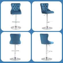 Bar Stool Set Of 2,Velvet Barstools Adjustable Seat,Height Bar Stools Swivel Barstools With High Back,Button Tufted,Silver Footrest And Nailheads Trim,Upholstered Bar Chairs For Kitchen Island - Màu xanh lam - Xem 6