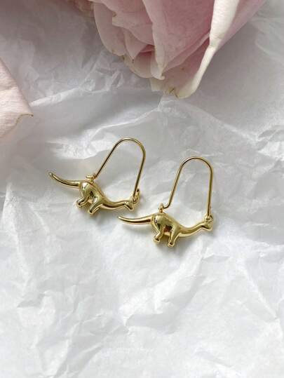 2 Pcs Cute Tiny Copper Alloy Little Dinosaur Shape Drop Hoops Earrings For Women Daily Wear