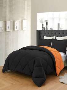 3PC Reversible 2-Tone Comforter Set With 2 Pillow Shams - 2 Different Colors! Duvet Insert - Orange & Black - View 3