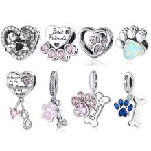 bamoer 1 pieza Charm de plata de ley 925 con forma de pata y hueso de mascota, con  rosa en forma de corazón, apto para mujer, pulsera y collar DIY, joyería fina para el Día de San Valentín - Multicolor - Ver 2