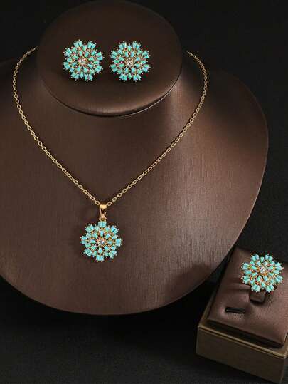 3pcs/Set Elegant Blue & Green Floral Pendant Necklace + Earrings + Ring Jewelry Set, High Quality Sparkling Accessories Suitable For Women Party, Wedding, Valentine's Day
