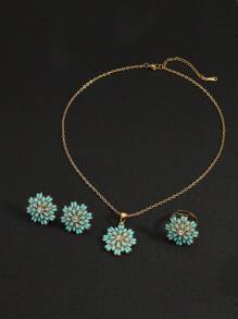 3 peças/conjunto Hot Sall requintado colar com pingente de flor turquesa azul + brincos + conjunto de anéis de alta qualidade adequado para mulheres festa banquete casamento joias brilhantes acessórios namorados