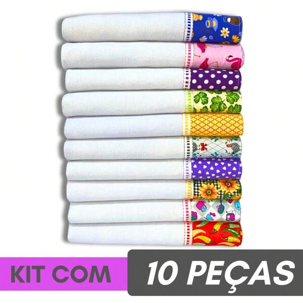 Kit 10 Panos Copa Prato Com Barrado De Tricoline Multiuso - Pano De prato Premium