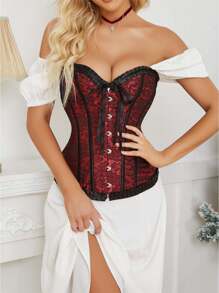 塑身上衣复古印花抹胸塑身收腹束腰背心宫廷束身衣束腹带适合派对演出节庆日常穿着 - 紅色 - 查看 5