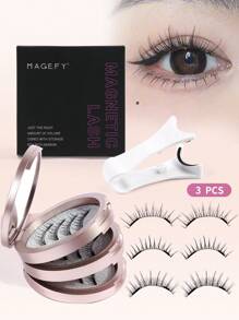 3 Pairs Magnetic False Eyelashes Kit With Mirror & Applicator Glue-Free Eyelashes Natural Manga Eyelashes Cat Eye Fluffy Faux Mink Eye Lashes With Tweezers Makeup Tool For Beauty Travel - 黑色 - 查看 1