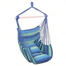 Hammock Chair Macrame Swing,Distinctive Cotton Canvas Hanging Rope Chair With Pillows For Indoor And Outdoor Use - 藍色 - 查看 2