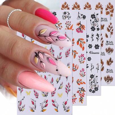 4入組秋季楓葉美甲貼紙，自粘式美甲貼花漸變葉子花藤典雅設計美甲裝飾DIY美甲工具