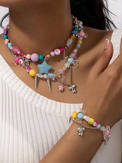 Swim Mod 1 条项链 + 1 条手链首饰套装，糖果色串珠蝴蝶结和星形项链花手链，柔软可爱的女士日常佩戴首饰情人节、妈妈、母亲、母亲节、礼物