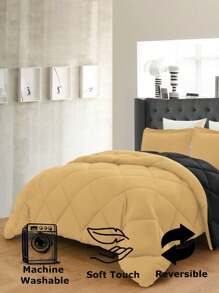 3PC Reversible 2-Tone Comforter Set With 2 Pillow Shams - 2 Different Colors! Duvet Insert - Black & Gold - View 4