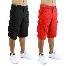2-Pack Men's Distressed Cotton Cargo Belted Shorts - 黑紅 - 查看 1
