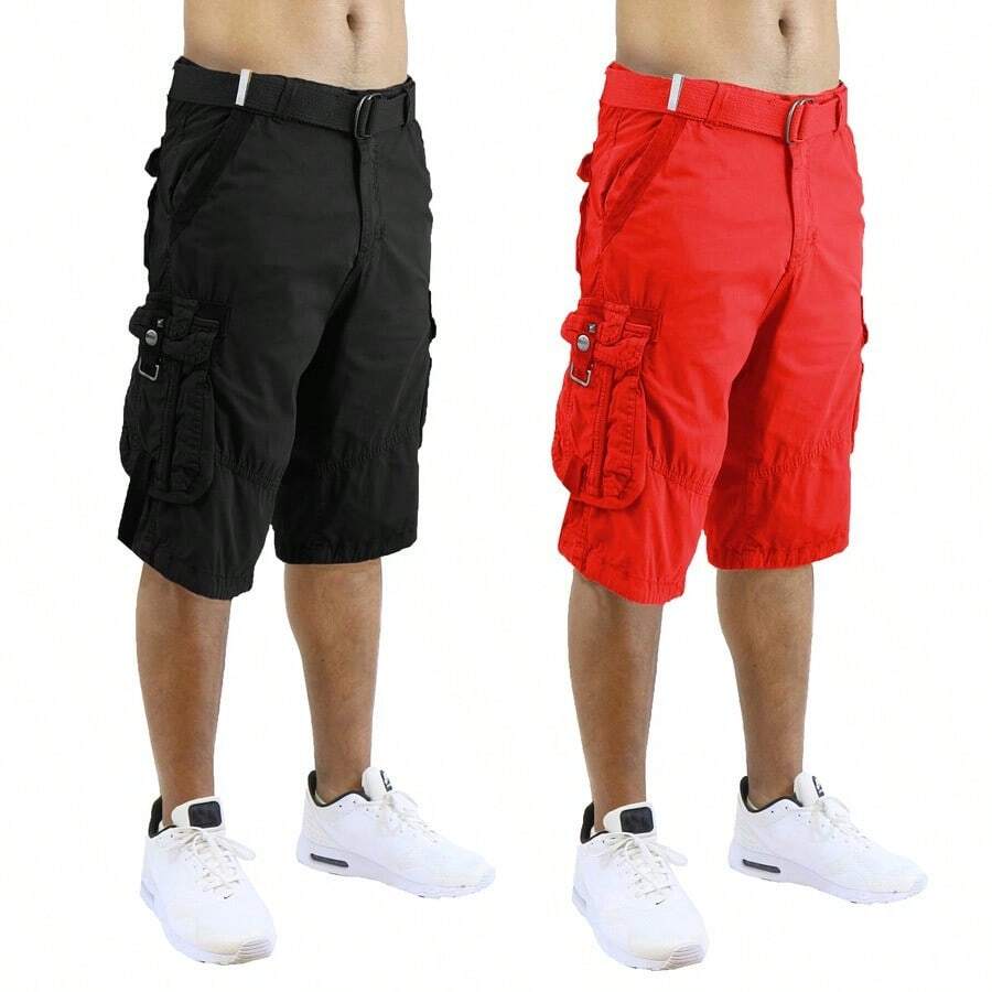 2-Pack Men's Distressed Cotton Cargo Belted Shorts - 黑紅 - 查看 1