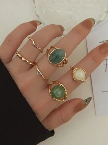 6pcs Vintage Creative Geometric Green Jade Ring Set - Gold - View 2
