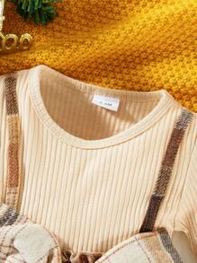 Vestido de dos piezas de manga larga para bebé niña con patchwork de cuadros escoceses y estilo colegial, con tocado de lazo, adecuado para bebés de 3 meses a 3 años en otoño - Caqui - Ver 3