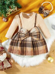 Vestido de dos piezas de manga larga para bebé niña con patchwork de cuadros escoceses y estilo colegial, con tocado de lazo, adecuado para bebés de 3 meses a 3 años en otoño - Caqui - Ver 1