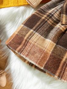 Vestido de dos piezas de manga larga para bebé niña con patchwork de cuadros escoceses y estilo colegial, con tocado de lazo, adecuado para bebés de 3 meses a 3 años en otoño - Caqui - Ver 5