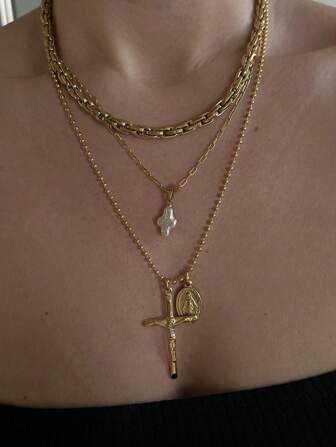 1 件欧美极简嘻哈钛钢圣母玛利亚珍珠项链，蛇球链适合女性日常、约会、音乐节、婚礼、新年、情人节、母亲节礼物、妈妈、母亲、母亲节、礼物