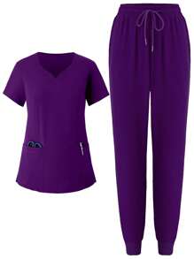 Women's Stretchy Running Maternity Scrubs Uniform, Breathable Anti-Pilling Material Pocketed Top & Pants Set For Nurse/Doctor/Hand-Washing Service