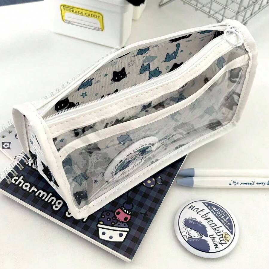 可爱雪猫主题软铅笔盒和办公桌收纳袋 - 非常适合办公和学习用品（可选尺寸 1 件/2 件） - 彩色 - 查看 1
