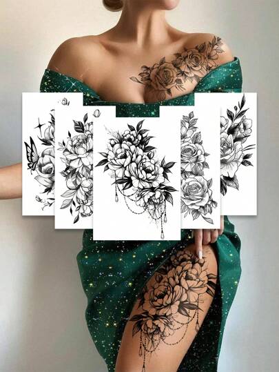 (חבילה של 5) מדבקות קעקוע פרח שחורות עם סקיצה, קעקוע מזויף עם דוגמת שרשרת פרח שחורה וסקסית, עמיד למים, זיעה, שריטות, קל לשימוש, מתאים לנשים להשתתף במסיבות, התכנסויות ושימוש יומיומי, ניתן להשתמש בקעקועים על הבטן, הירכיים, עצמות הבריח, הגב וחלקים אחרים, קעקועים זמניים, פריט חובה ליום האהבה.