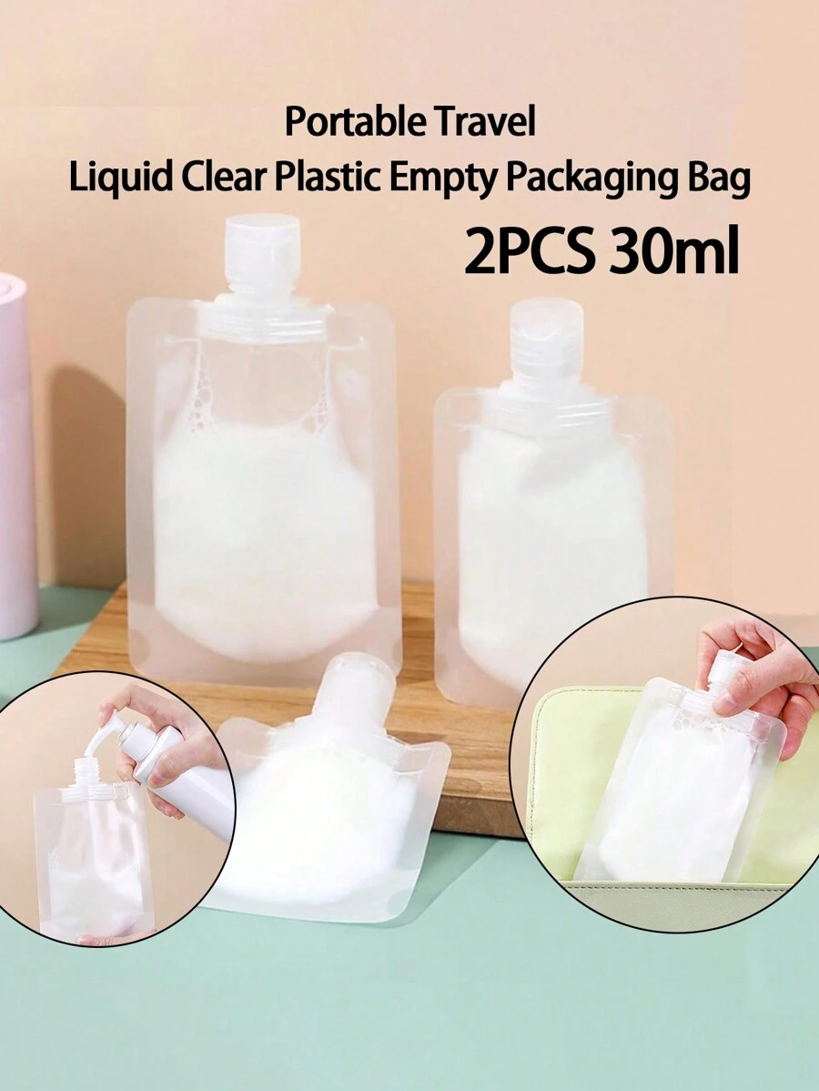 2pcs 30ml Portable Travel Liquid Clear Plastic Empty Packaging Bag Refillable Squeeze Pouch Cosmetic Containers For Shampoo Shower Gel(Without Labels) - Clear - View 1