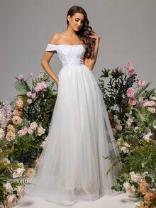 White Off-Shoulder Sequin Mesh Evening Party Dress - White - View 3