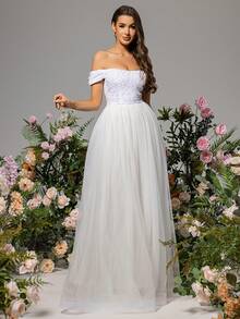 White Off-Shoulder Sequin Mesh Evening Party Dress - White - View 5