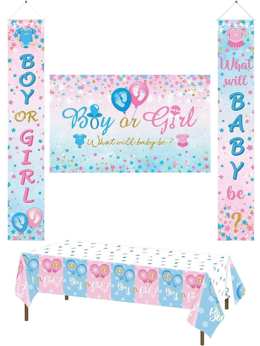 Tovaglia in plastica per annuncio del sesso del bebè (maschio o femmina), telo di sfondo, striscione, decorazione da parete, forniture per festa a tema blu o rosa per gender reveal, decorazioni per festa di nascità e regali per famiglia - Multicolore - Visualizzare 1