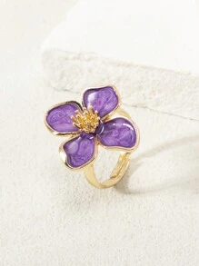 1pc Elegant Floral Enamel Open Ring, Fashionable & Chic, Suitable For Spring/Summer Everyday & Holiday Wear, Available In White, Green, Pink, Burgundy, Purple, Orange, Blue - Four-petal Flower Oil Drop Ring - View 13