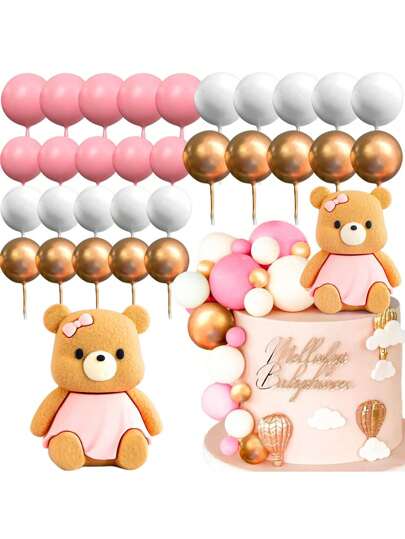 29PCS Pink Or Blue Bear Birthday Cake Topper, White Ball Pink Ball Blue Ball Gold Ball Cake Toppers, Cute Bear Cake Topper , Ins Style Cute And Sweet Style, Suitable For Theme Parties, Shower Party, Birthday Parties Cake Decor (Blue Or Pink),Christmas